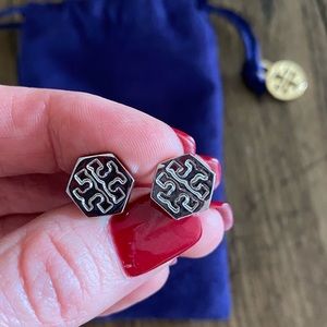 Tory Burch Silver Hexagon Stud Earrings.